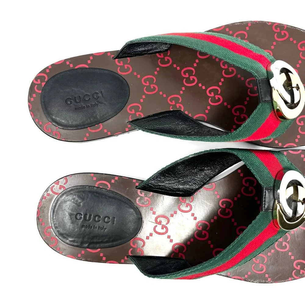 Gucci Kika Interlocking GG Logo Thong Sandals Flip Flops Flat Gold Silver 41 11 - Picture 3 of 10